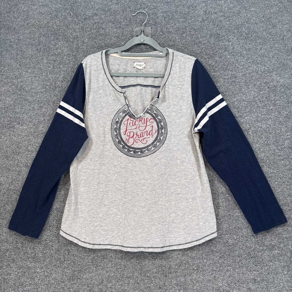Vintage Lucky Brand Henley Shirt Womens XL Gray Blue Raglan Graphic Tee Y2K